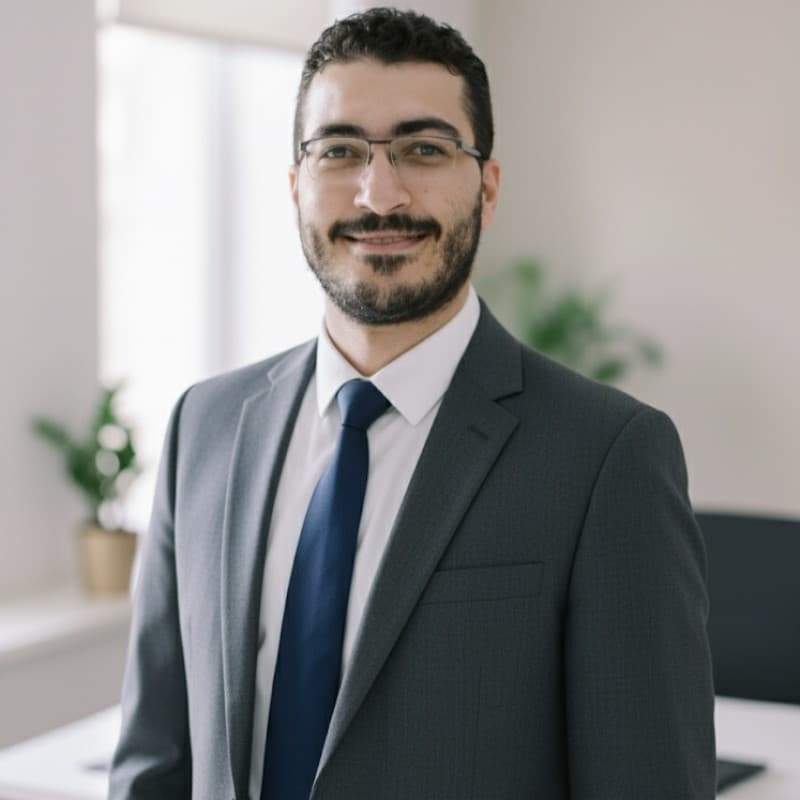 Mahmoud Farouk, principal software engineer, smiling in a grey suit and blue tie