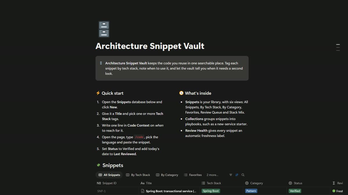 The Architecture Snippet Vault dashboard in Notion, with a quick start list and a snippets database with six views.