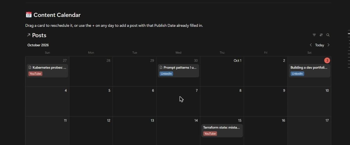 A Notion content calendar for October showing LinkedIn and YouTube posts placed on their publish dates.